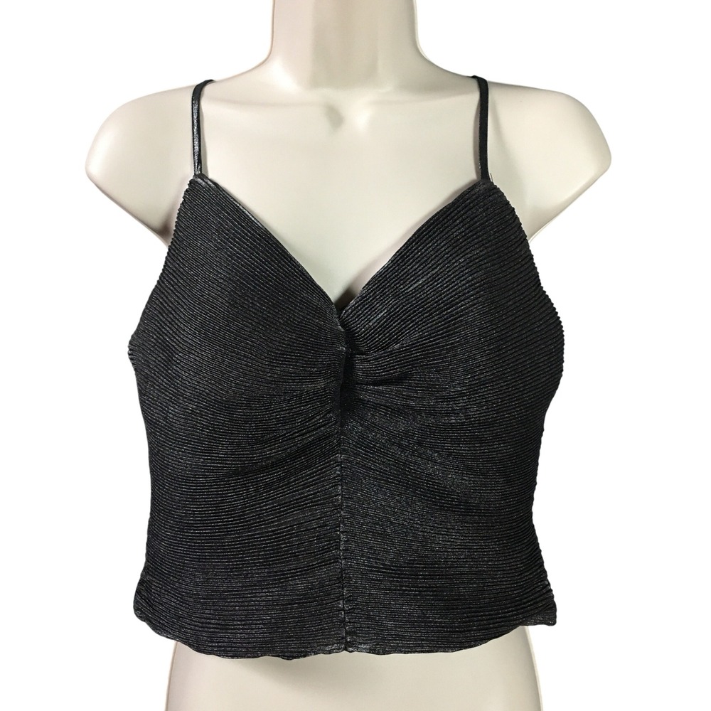 Express Metallic Black Pleated Camisole Satin Cropped‎ Top Bow Back Small